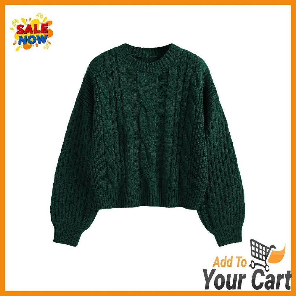 Soft Cable Knit Sweater Long Lantern Sleeve Pullover Crewneck